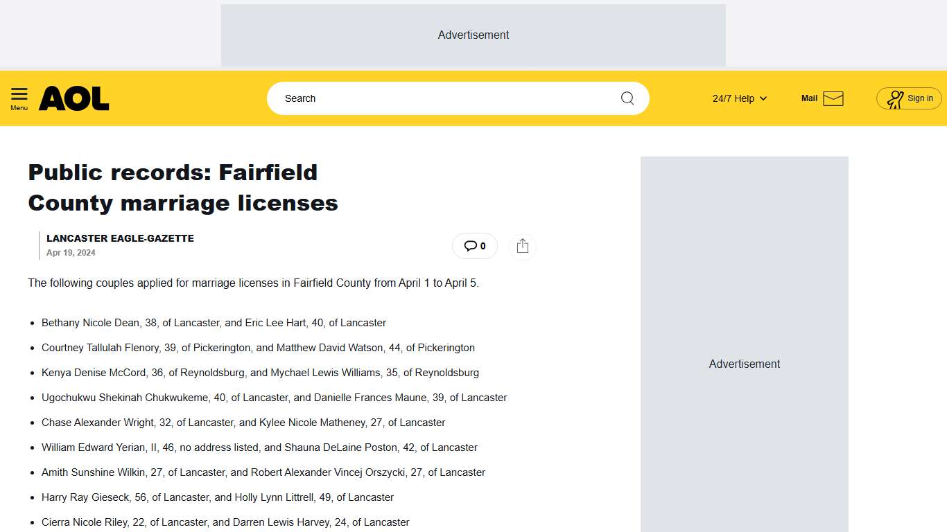 Public records: Fairfield County marriage licenses - AOL